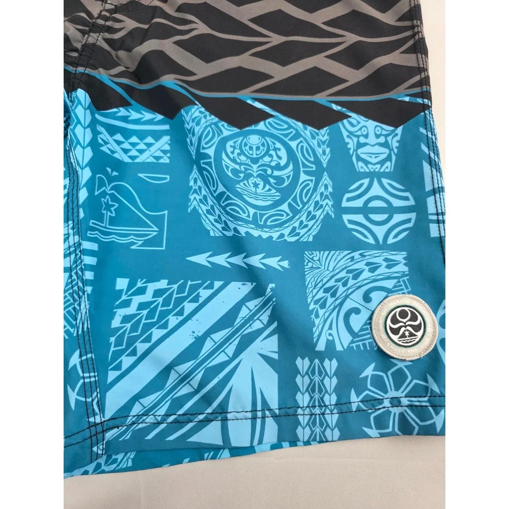 HIC Hawaiian Island Creations Board Shorts Mens Blue Tribal Print Swim Trunks
